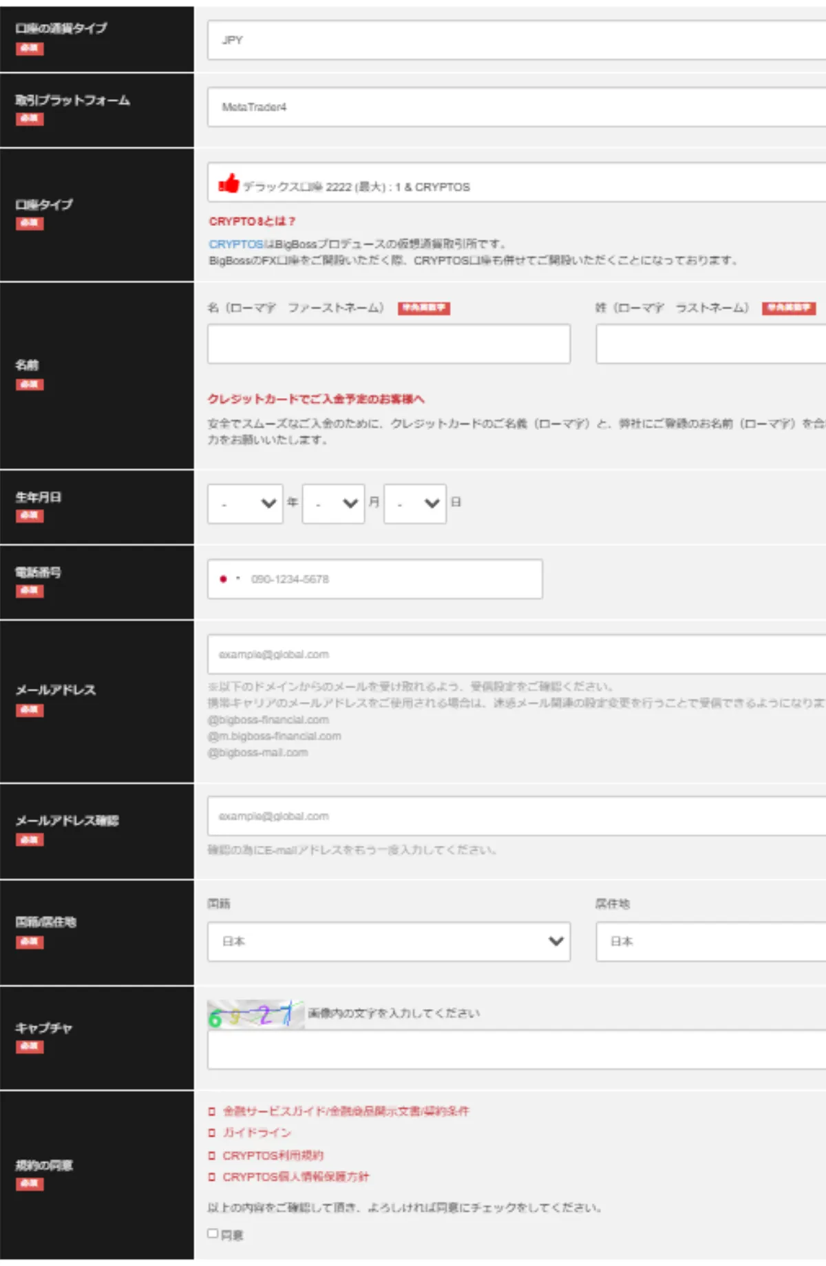 BigBossの口座開設に関する必要事項