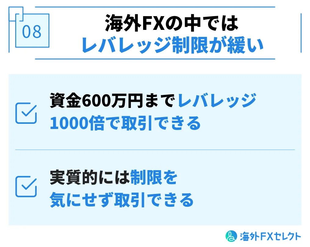 海外FXの中では比較的にレバレッジ制限が緩い