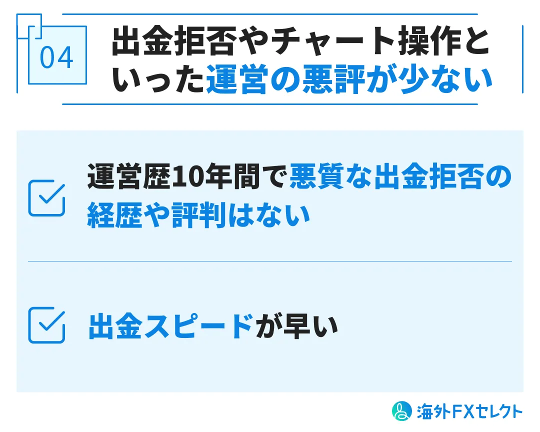 良い評判④出金拒否やチャート操作といった運営の悪評が少ない