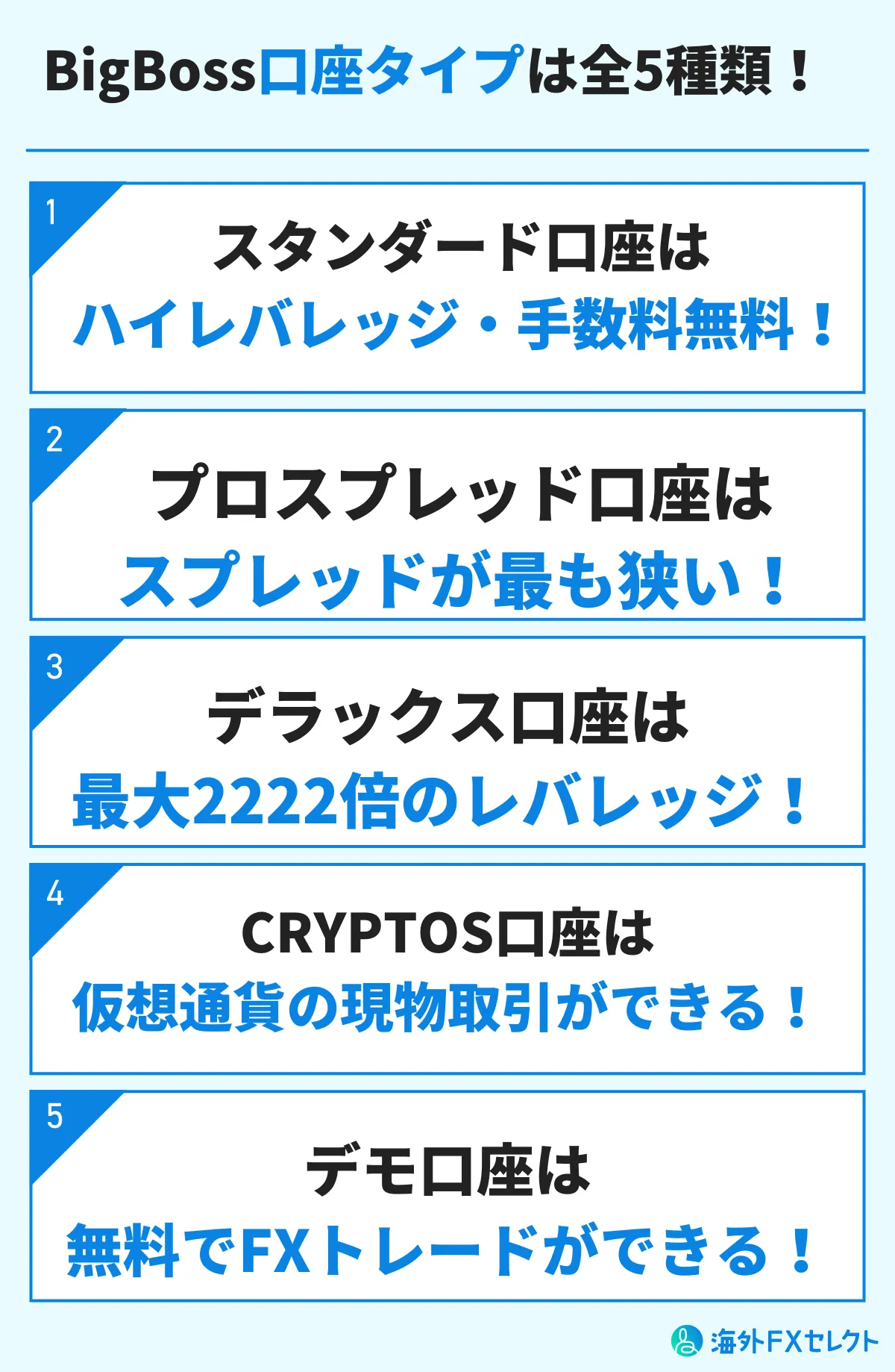 BigBoss口座タイプは全5種類！