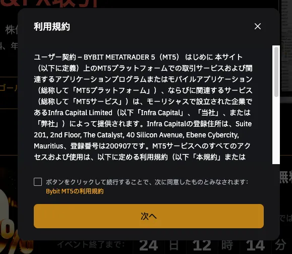 MT5口座の利用規約にチェックして、次へをクリック。
