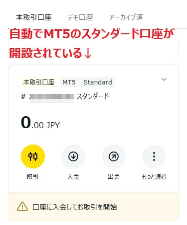 Exnessのマイアカウントに表示されている自動で開設されたMT5のスタンダード口座