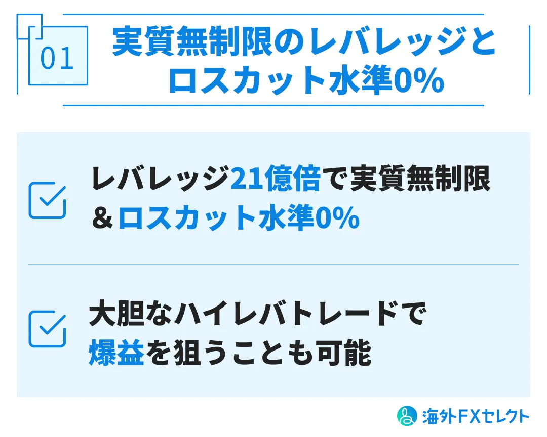 良い評判①レバレッジ21億倍(実質無制限)・ロスカット水準0%で爆益もねらえる