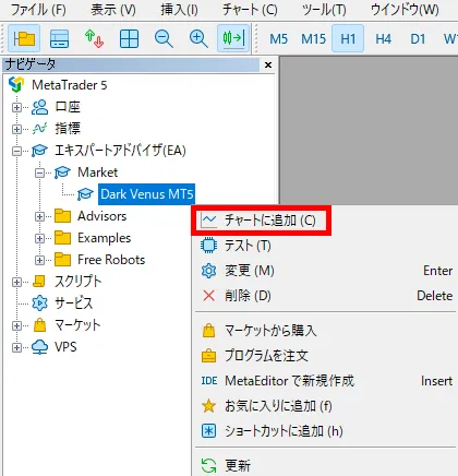 インストールしたEAをチャートに追加