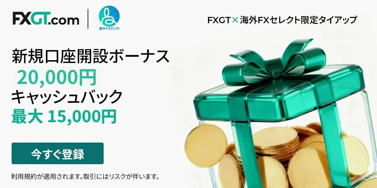 FXGTを当サイトから口座開設すれば、新規口座開設ボーナス20,000円と最大15,000円のキャッシュバックを受け取れる。