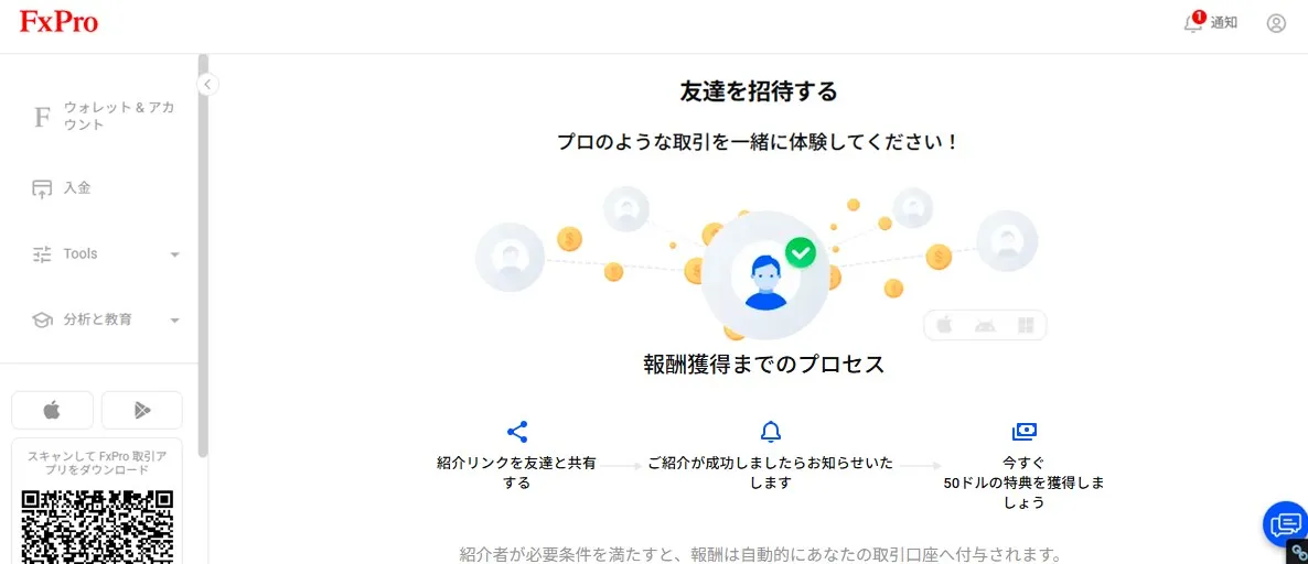 FxProの友達紹介50ドルキャッシュリワード