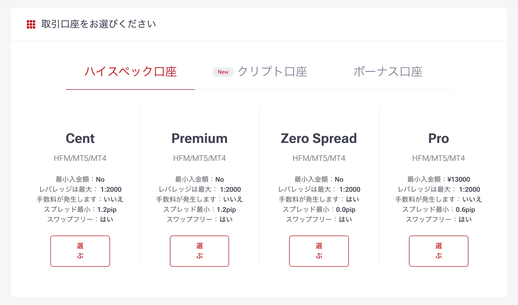 開設したい口座タイプを選択