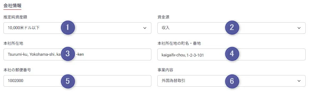 HFM法人口座を開設するために法人の情報を入力