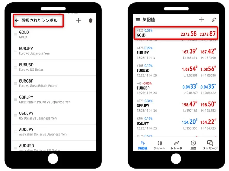並び順を変更できたらMT5アプリ左上の「選択されたシンボル」をタップ