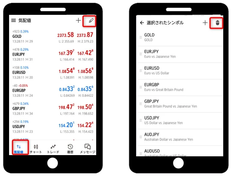 MT5アプリでは気配値の通貨ペアを削除・変更することも可能