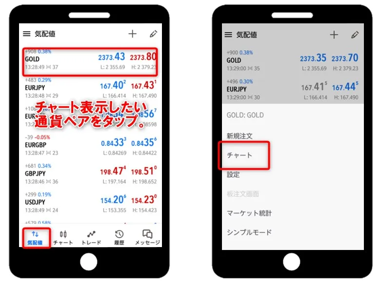 MT5アプリ下部の「気配値表示」を選択してチャート表示させたい通貨ペアをタップ