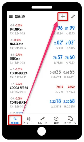 MT5（メタトレーダー5）アプリにログインして「気配値表示」を選択
