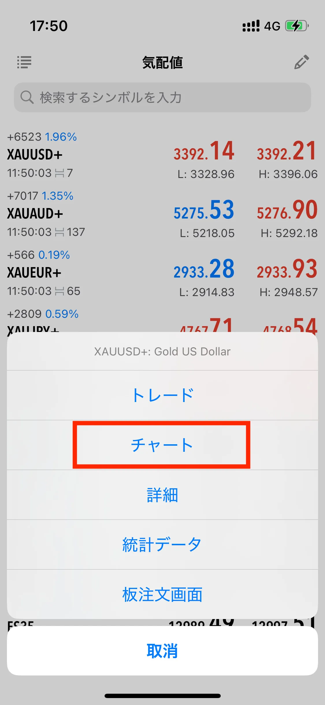 表示させたい銘柄を選択して、チャートを選択