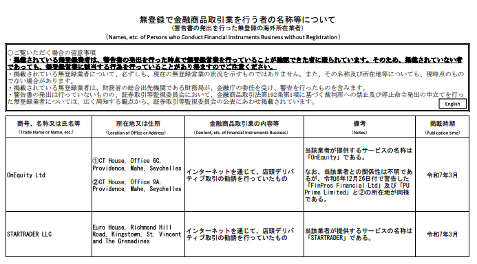 StarTraderは金融庁からの警告を受けている