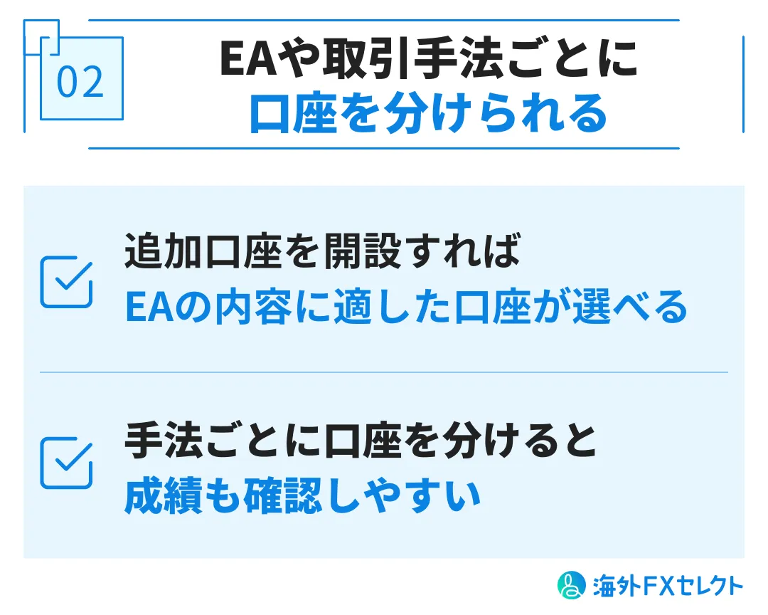 TitanFX(タイタンFX)で追加口座・複数口座を開設するメリット②EAや取引手法ごとに口座を分けられる