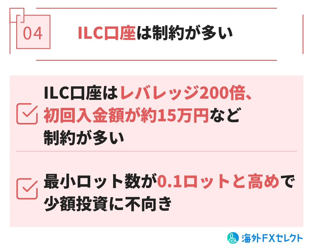 悪い評判④低スプレッドのILC口座はレバレッジ200倍、初回入金額が約15万円など制約が多い