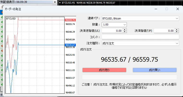 Vantage TradingのMT4の注文用ウィドウ