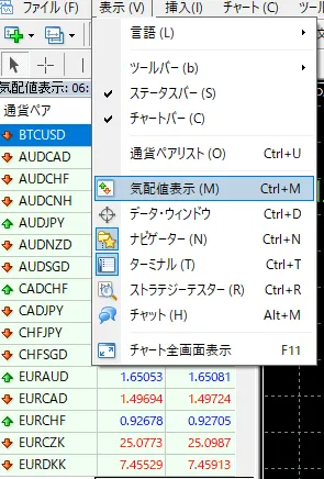 Vantage TradingのMT4の表示メニューから気配値表示を選択