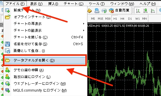 mt4のExpertフォルダを開く画面