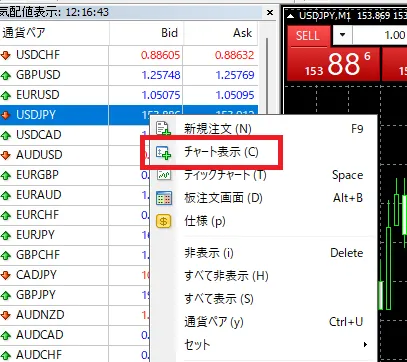 XM TradingのMT4の気配値表示から両建てしたい通貨ペアのチャートを表示