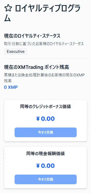 XMTradingのロイヤルティプログラム確認ページ