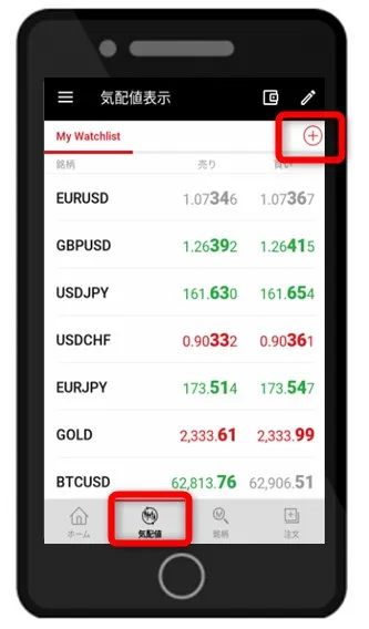 XMTradingアプリ下部の「気配値」を選択して右上の「+」をタップ