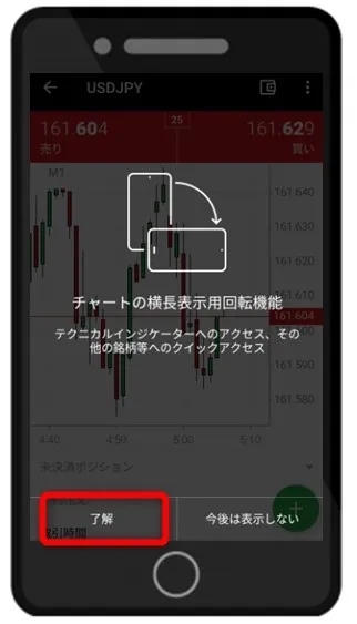 XMTradingアプリではスマホを横向きにするとチャート機能を使える