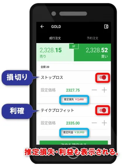アプリの成行注文では損切り・利益確定の設定が可能
