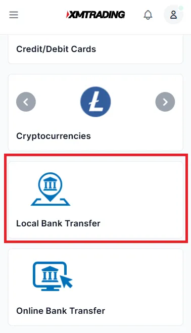 XMTradingの入金方法一覧内にある「Local Bank Transfer(銀行入金)」