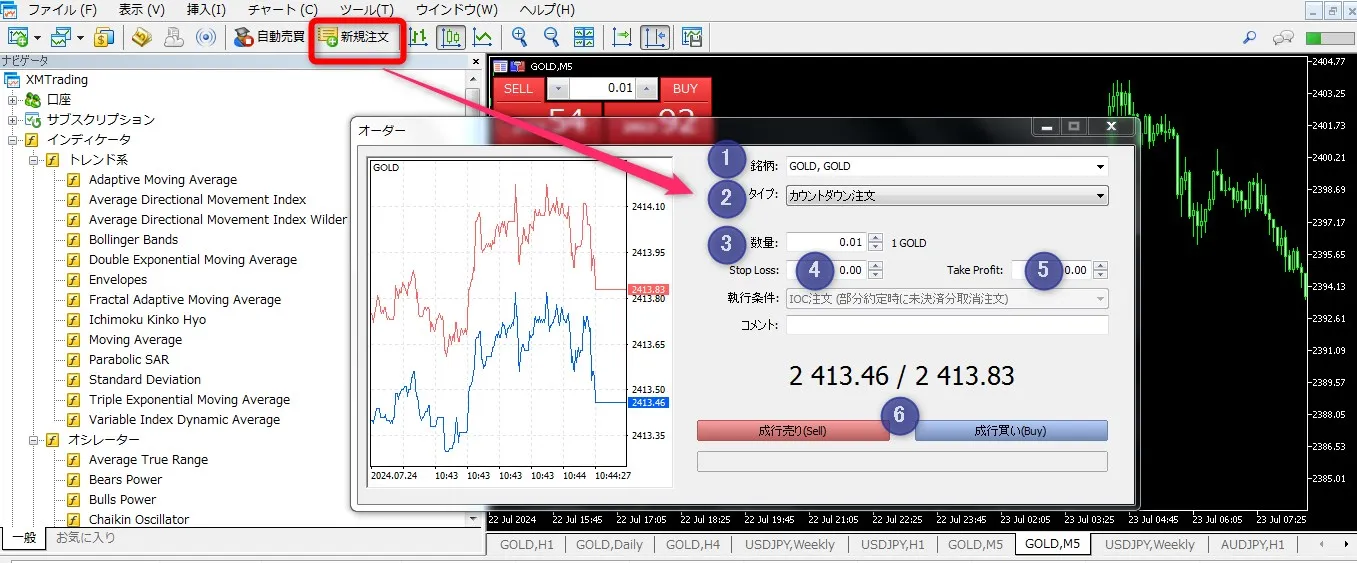 XMTradingのMT5上部の「新規注文」より成行注文する方法