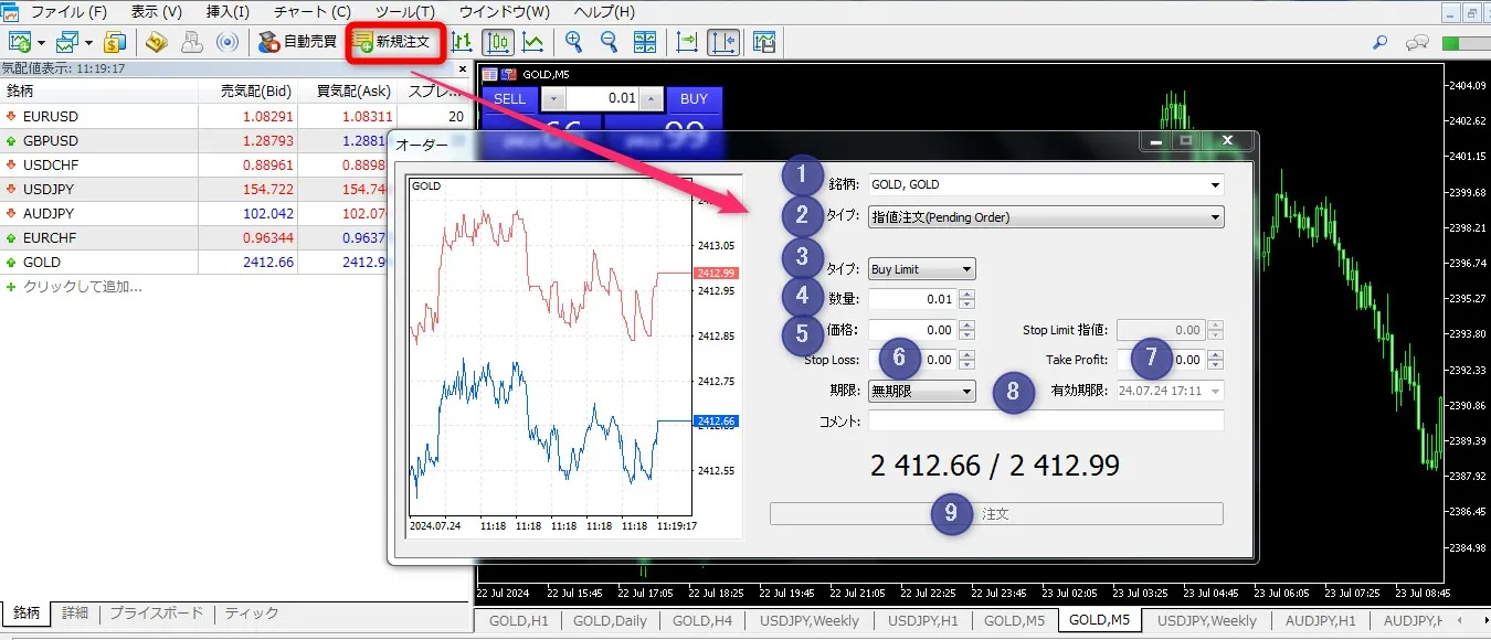 XMTradingのMT5で指値注文する方法