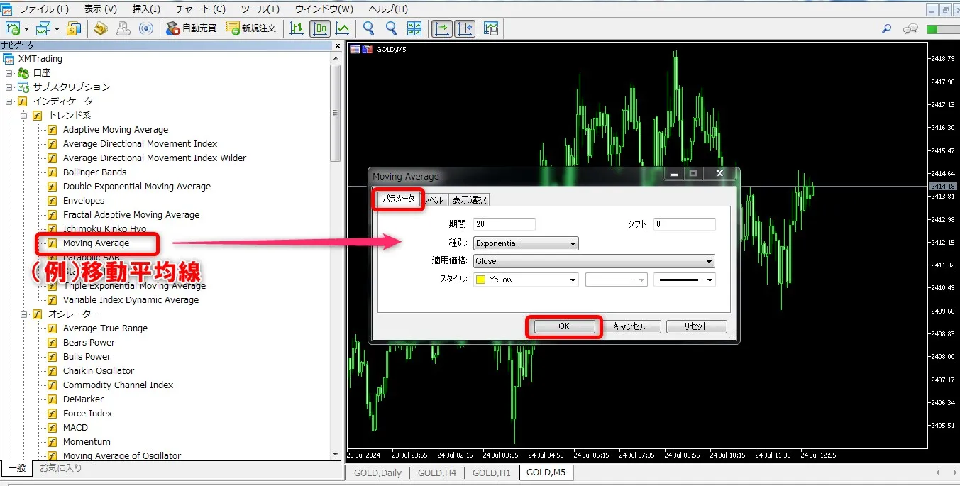 XMTradingのMT5でインジケーターをダブルクリックしてパラメーター設定する