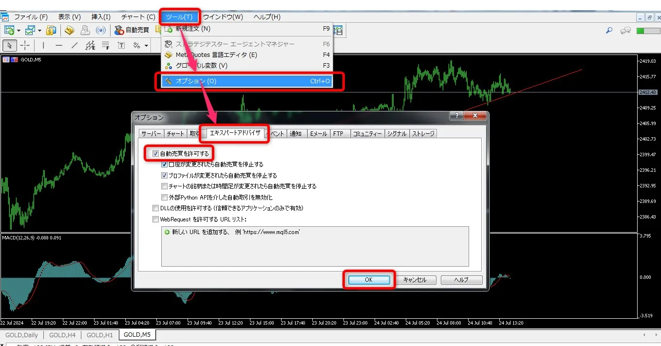 XMTradingのMT5で「自動売買を許可する」にチェックを入れる