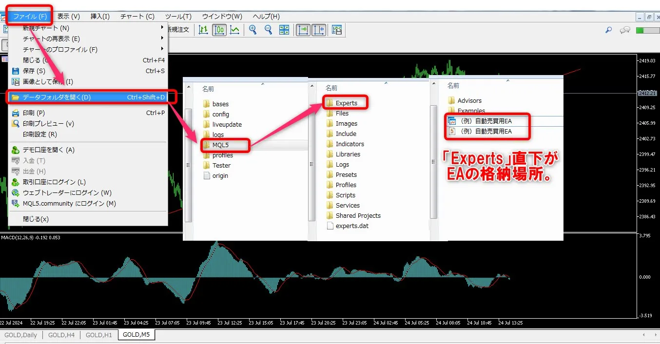 XMTradingのMT5におけるEA自動売買の格納場所